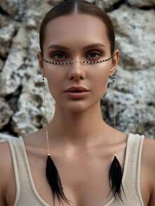 1pc Boho Gold Black Beaded Face Chain Jewelry With Black Tassel Feather Festival Party Nose Chain Face Jewelry Halloween Gifts - Multicolor - View 1