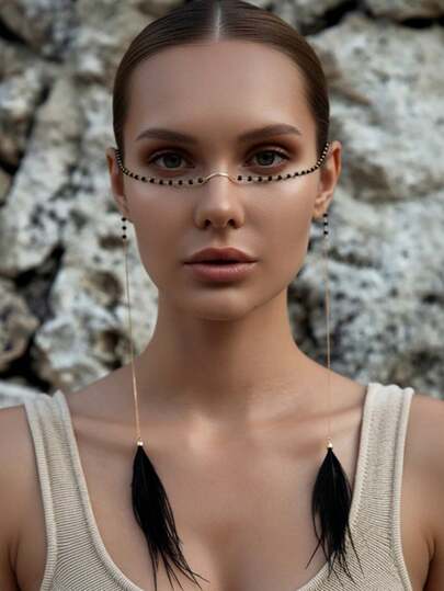 1pc Boho Gold Black Beaded Face Chain Jewelry With Black Tassel Feather Festival Party Nose Chain Face Jewelry Halloween Gifts