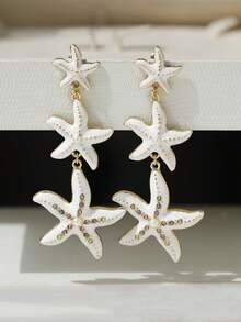 1 Pair Fashionable Beach Style Rhinestone Starfish Dangle Earrings, Suitable For Women - Three Starfish - View 9