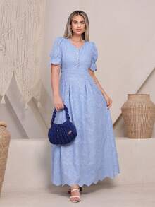 Elegant Women's Dress Simple Embroidery Button Women's All - 3D藍色 - 查看 1