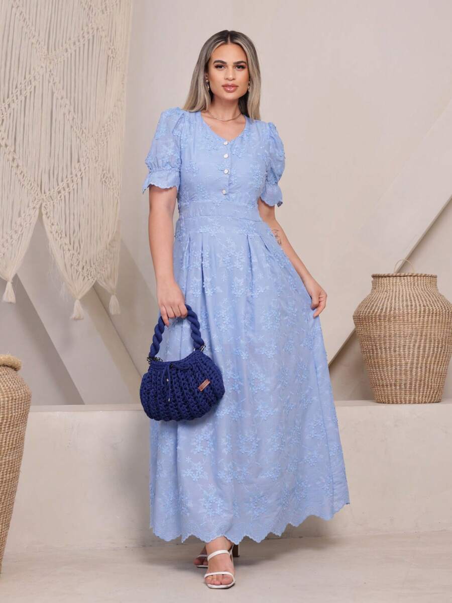 Elegant Women's Dress Simple Embroidery Button Women's All - 3D藍色 - 查看 1