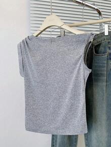 女士不对称肩短袖 T 恤，夏季独特设计短款时尚潮流上衣 - 灰色 - 查看 6