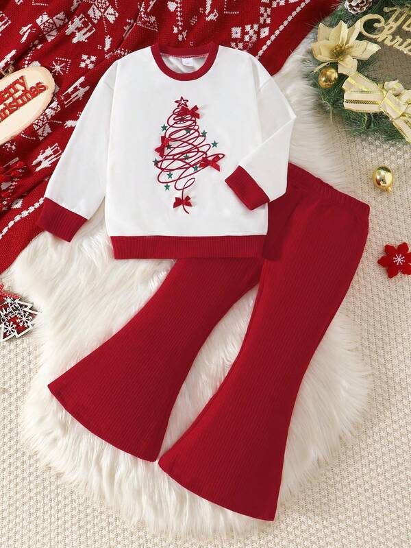 Set de 2 piezas de top de manga larga y pantalones acampanados con estampado de árbol de Navidad, lazo y estrella, de punto suave, adecuado para uso al aire libre, otoño/invierno