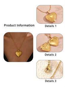 1 件经典浪漫心形纹理不锈钢照片盒项链，适合女性约会或日常佩戴，或作为节日礼物送给爱人 - 金黃色 - 查看 7