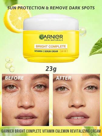  Garnier Bright Complete Vitamin C & Lemon Revitalizing Cream, Blekning av mörka fläckar, Solskydd, Tar bort fläckar, Ljusgörande, Anti-aging, Antioxidant, UV-skydd, Uppfriskande textur, Återfuktande, Icke-fet, Lätt att absorbera, Reparerande, Vitgörande, För alla hudtyper, Perfekt för daglig användning