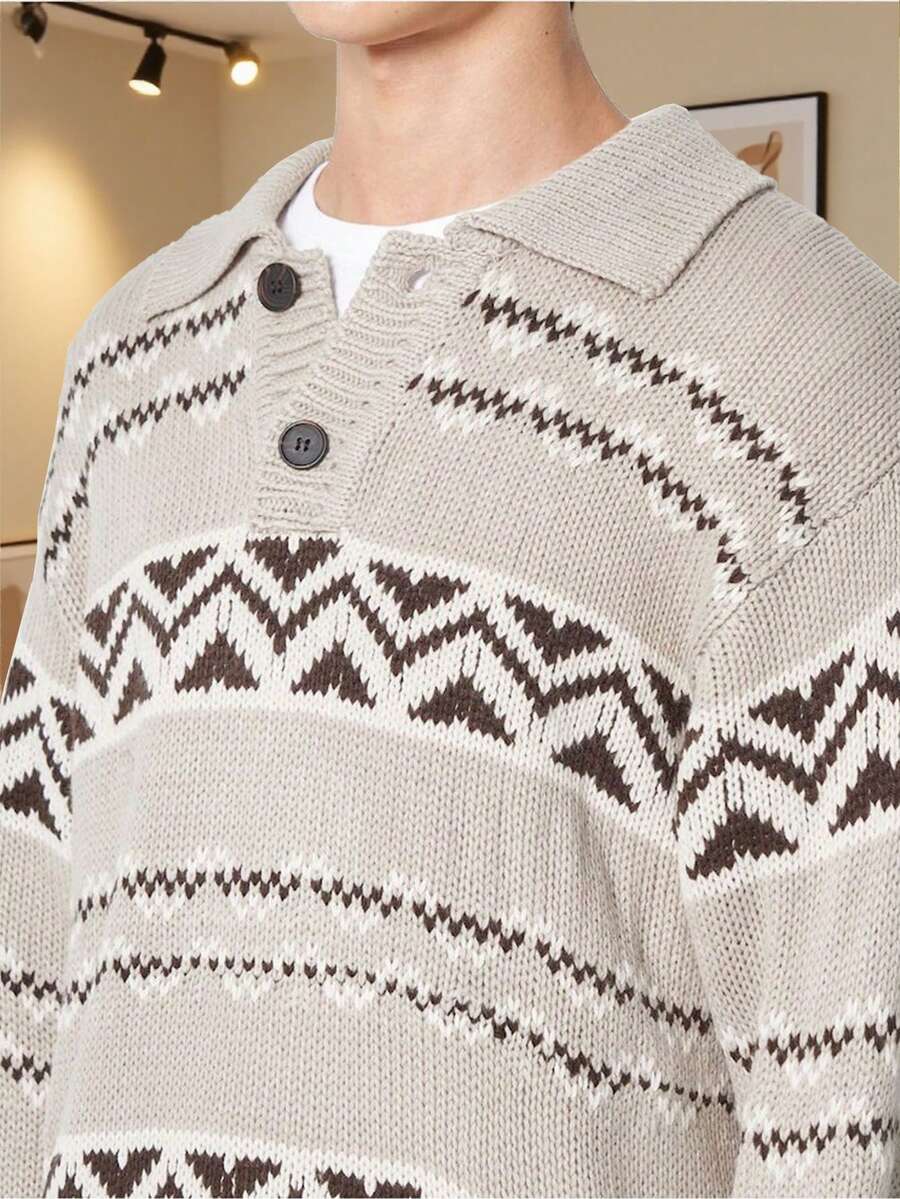 New Casual Loose Knit Sweater With Button Collar, Unisex American Street Style, Suitable For Spring, Autumn And Winter - Apricot - View 1