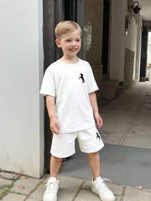 2 件套幼儿男孩夏季休闲服装套装：可爱卡通马和英文字母印花短袖 T 恤搭配短裤 - 白色 - 查看 6