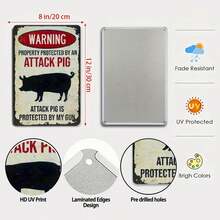 Tin Metal Sign Warning Attack Pig Property Protected Gun Sign Mens Tin Sign Funny Graphic Tee BBQ Grill Master Farm Animal Lover Pig Owner Summer Casual Top Iron Artwork - Multicolor - View 5