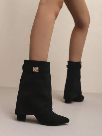 2025 New Autumn/Winter Pleated Calf Boots, Black Mid-Calf Boots, Pointed Toe Chunky Heel Short Boots, Sexy Black High Heel Boots, Versatile Fashion Riding Boots For Women
