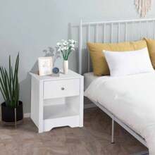 Modern Bedside Table, Nightstand With Drawer Shelf, End Table Living Room, Bedroom White - White + Aluminium Alloy - View 7