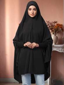 1pc Women's Solid Color Instant Hijab, Prayer Long Khimar Ready To Wear Knee Length Instant Hijab With Smocking Sleeves - Puff Sleeve Khimar - View 16