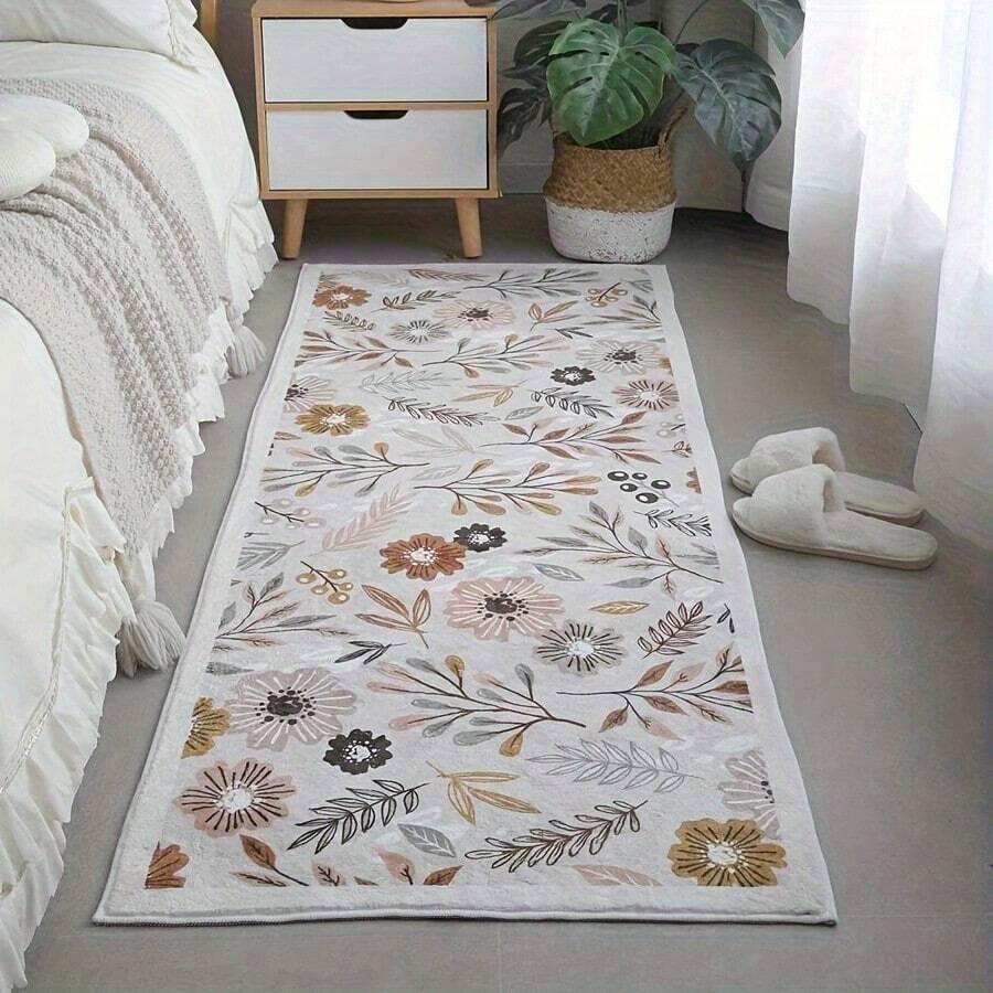 1pc Wabi-Sabi Style Vintage Floral Runner Rug, Warm Brown Leaf Print Long Hallway Carpet, Runner Rug, Area Rug, Doormat, Home Decor, Living Room Area Rug, Living Room Home Decor, Room Decor, Plush Rug, Fuzzy Rug, Autumn/Winter Rug, Thick/Fluffy, Washable Carpet - Multicolor - View 1