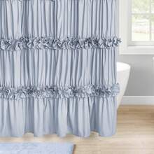 Victorian Ruffle Fabric Shower Curtain, Vintage Handcrafted Bow Tie Bath Curtain For Master Bathroom, Ruched Microfiber Bathroom Curtain With 12 Buttonholes, 72" W X 72" H - Fog Blue - View 5