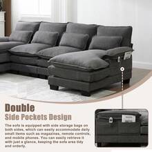 Modern 107.87" U-Shaped Chenille Cloud Sofa With Two Recliners-A Soft And Comfortable 4-Seater Modular Sofa Bed Featuring Double Side Storage Pockets And Cushions Pillows. Filled With High-Density Sponge And Designed For Ergonomic Comfort, Features Sturdy And Durable Wooden Frame. Suitable For Living Rooms, Bedrooms, Offices, And Apartments.(Gray) - 灰 - 查看 5