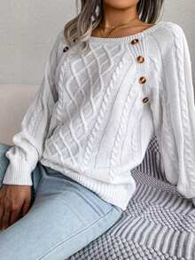 Ladies' Casual Street Style Button Detail Knit Top, Plus Size Long Sleeve Sweater For Spring-Summer Transition & American Holidays    Vacation Outfits Women / Summer Outfits For Women / Summer Tops / Summer / Summer Clothes / Beach Outfits For Woman / Tops For Women / Festival Outfits For Women / Maija - 白色 - 查看 4