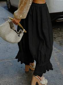 女士舒适百搭秋冬蕾丝拼布灯笼七分裤 - 黑色 - 查看 5