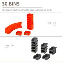 30-Bin Wall-Mounted Storage Rack Organizer With Pegboard For Garages And Workshops – Efficient Tool And Supply Management In Red