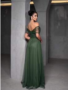Long Tulle Party Dress With Built-In Bra Cups, Off-The-Shoulder Design, Sheer Details, And Side Slit. - xanh quân đội - Xem 2