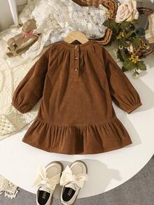 Baby Girls' Solid Color Corduroy Dress, Casual Minimalist Cute Style, Suitable For Daily Wear, Parties, Outings And Photo Shoots, Autumn/Winter
