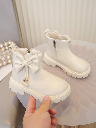 1 Pair Children's Boots With Bow, Fashionable, Cute, Pearl Decor, Casual & Comfortable