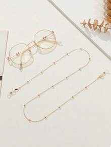 1 件极简波西米亚风格金属串珠眼镜链，防滑眼镜架，适合女性日常佩戴和眼镜装饰（珠子数量和长度随机，橡胶圈可拆卸） - 金色 - 查看 3