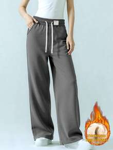 Women's Plus Size Fleece Lined Straight Leg Sweatpants, Warm And Comfortable Casual Pants For Winter