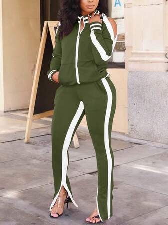 Solid Color Zipper Contrast Color Sports Crop Top & Split Hem Sweatpants Set