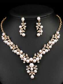 3pcs Women Diamond & Pearl Jewelry Set: Necklace And Earrings - Nhiều màu - Xem 1