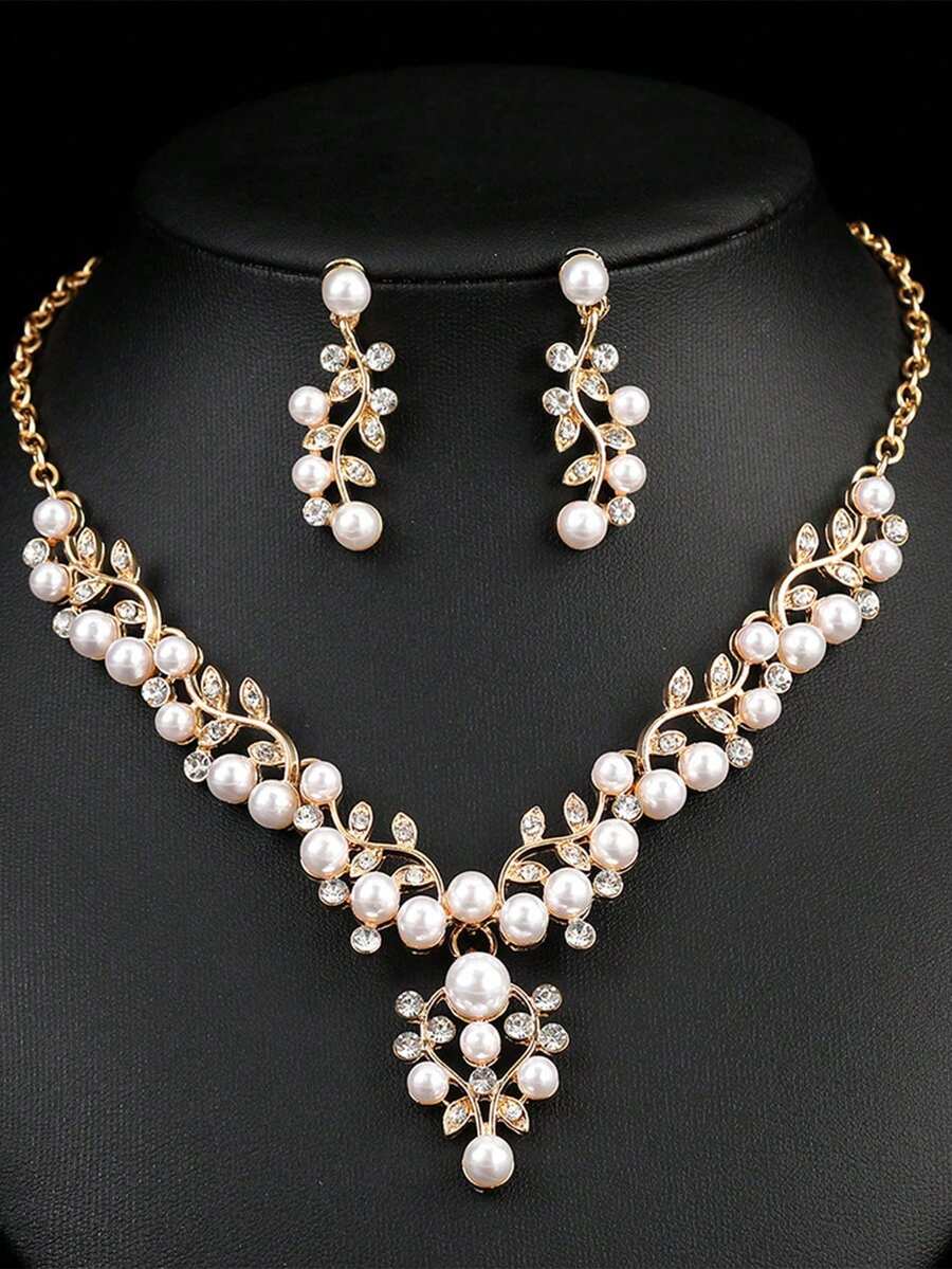 3pcs Women Diamond & Pearl Jewelry Set: Necklace And Earrings - Nhiều màu - Xem 1