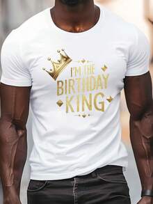 Men's "I'm The Birthday King" Golden Crown Graphic Tee - Casual Crew Neck Short Sleeve, Lightweight Polyester Summer Shirt, Party Clothing|Crown Motif Shirt|Glossy Finish, Birthday Shirt - 白色 - 查看 7