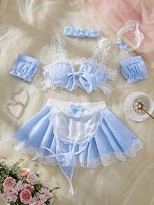 Bộ trang phục cosplay hầu gái gợi cảm bao gồm áo, tạp dề quấn, vòng tay, băng đô, vòng cổ, quần lót - Màu xanh lam - Xem 1