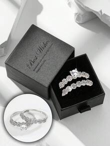 礼盒套装 2 枚戒指，奢华全水钻订婚戒指，适合婚宴，情人节礼物，适合女孩、妈妈、母亲、母亲节、礼物