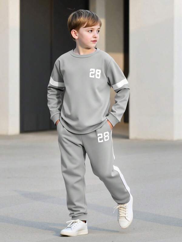 2pcs/Set Tween Boy Spring/Autumn Printed Sweatshirt And Pants Casual Outfit