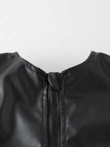 青少年女孩机车皮夹克短外套 - 黑色 - 查看 4