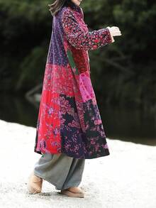 LUZU JUNU Women's Trench Coat Floral Print Long Cotton Linen Jacke Cottagecore Clothing Patchwork Outwear Bohemian Unique - 玫瑰毛絨襯裡 - 查看 5