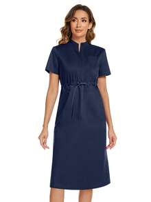 cimmuovere Women's Solid Color Short Sleeve Multi-Pocket Waist Tie Scrubs Nurse Scrubs Workwear Dentist Healthcare Pet Hospital Laboratory Dress