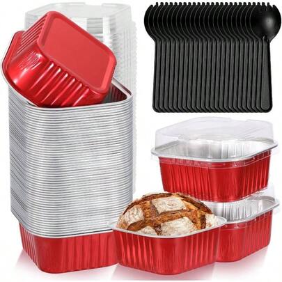 60 Pack 10oz Disposable Cake Pans With Lids, Aluminum Foil Square Baking Cups, 4.4x4.4 Large Baking Cake Tins Cup Cake Containers With Lids Individual Cakes