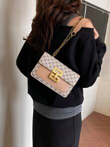 复古花卉图案女士单肩包，配有链条肩带，时尚女士方形翻盖包，经典设计（金色调锁，百搭花卉面料，适合优雅女士） - 卡其色 - 查看 4