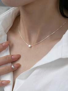 S925 Sterling Silver Simple Cube Design Pendant Necklace, Minimalist & Fashionable, Elegant Gift For Family, Friends And Couples - Silver - View 7
