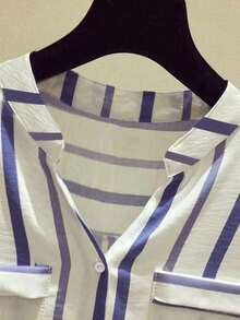 Women's Casual Comfortable Commuting Elegant Striped Pocket V-Neck Button-Down Shirt Summer Top - Purple - View 4