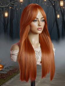 24英寸橙色高温丝假发，带刘海，优雅玫瑰网帽，外观自然，耐热，适合各种肤色，可用于万圣节和圣诞节。 - 橘色 - 查看 4