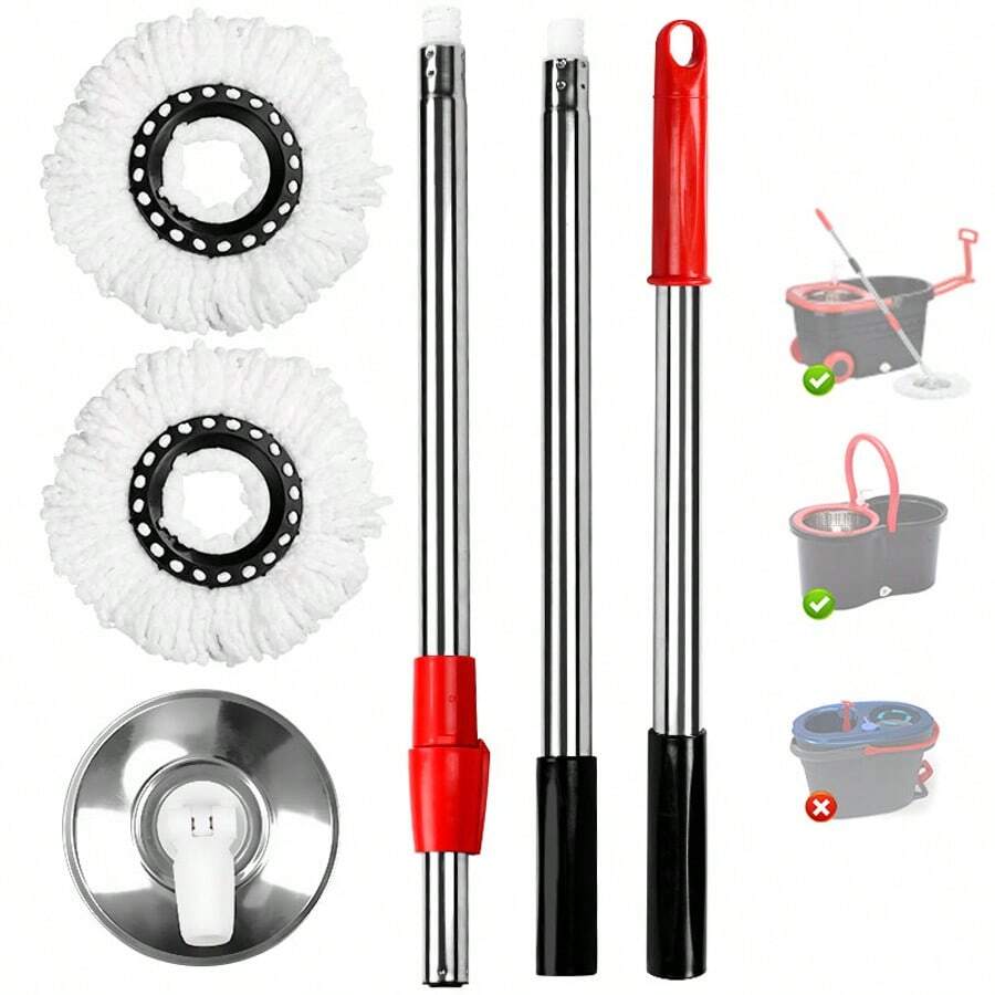 61 Inch Stainless Steel Adjustable Handle And 1 Mop Base And 2 Round Microfiber Mop Replacement Heads Combo Set, Compatible With Round Spin Mop, Home Mop, School Mop For Floor Cleaning (Without Mop Bucket) - White - View 1