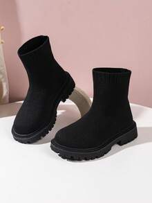 Children's Simple Round Toe Solid Color Series Knit Boots, 2025 Autumn/Winter New Fashionable Versatile Thick Sole Chunky Heel Black Mid-Calf Boots, Outdoor Comfortable Breathable Non-Slip Girls Ankle Boots - Black - View 4