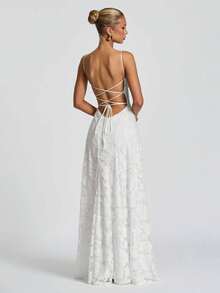 Elegant Off-The-Shoulder Jacquard Lace Strap Dress, Waist Tie, Graceful Evening Gown - 白色 - 查看 6