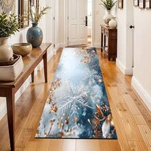 1 pieza Alfombra de gel de sílice con estampado de copos de nieve navideños, alfombra rectangular para sala de estar, dormitorio, pasillo, baño, lavandería - Poliéster, apta para decoración interior y exterior del hogar, se puede usar como regalo y decoración navideña