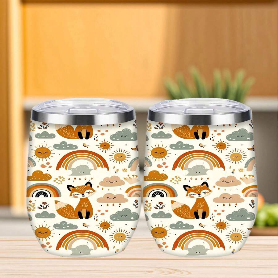 1pc 12oz/20oz Cute Fox And Rainbow Pattern Tumbler With Lid And Straw, Insulated Travel Mug For Fall, Gift For Women Men, Ideal For Halloween, Memorial, Christmas, Birthday Gift, Iced/Hot Coffee Cup - 12oz - View 1