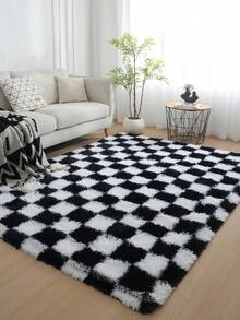 1pc Checkerboard Plush Rug Area Accent Rug Living Room Bedroom Rug Shag Area Rug Plush Carpet Rug Soft And Fluffy Home Decor Room Decor Skin Friendly Machine WashableEasy To Clean - màu đen - Xem 1