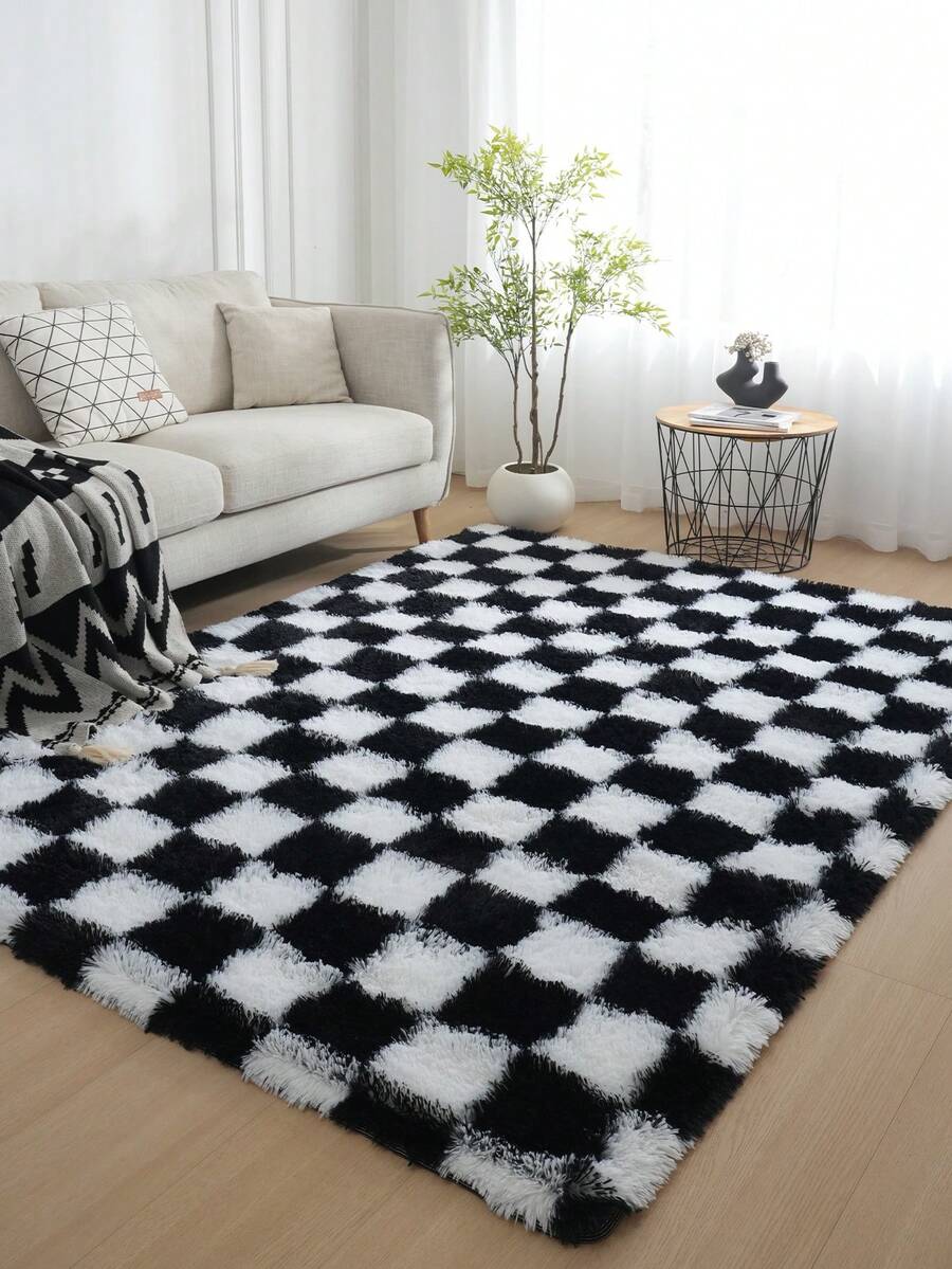 1pc Checkerboard Plush Rug Area Accent Rug Living Room Bedroom Rug Shag Area Rug Plush Carpet Rug Soft And Fluffy Home Decor Room Decor Skin Friendly Machine WashableEasy To Clean - màu đen - Xem 1