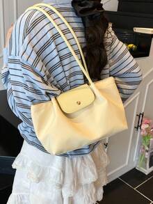 Minimalist Style Solid Color Women's Shoulder Bag, High-End Button Decorated Tote Bag, Fashionable Pleated Design Lightweight Storage Commuter Bag, Suitable For College Students' Daily Travel Lightweight Storage Shoulder Bag, Magnetic Buckle Opening And Closing Multifunctional Lightweight Storage Commuter Bag, Wear-Resistant Fabric Material Handbag, Suitable For Giving To Friends, Shopping, Dating, Business Trips, Travel Vacations - Màu vàng - Xem 1