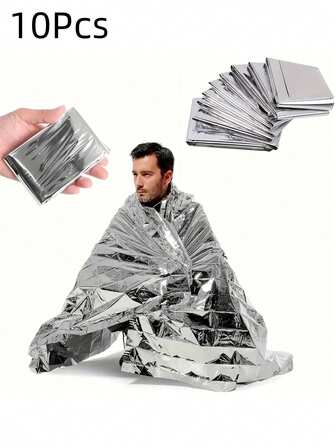 10pcs Emergency Thermal Blankets, Aluminum Foil Survival Heat Sheets, Multipurpose Silver Reflective Blankets For Warmth, Sunshade, Rescue, Suitable For Cold Outdoor Camping, Hiking, First Aid Shelter And Space Emergency